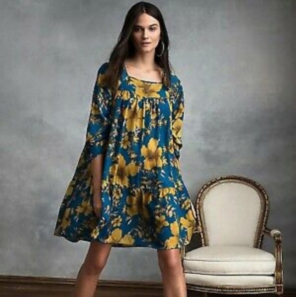 Happy Nature Blue and Mustard Yellow Square Neckline Dress Size S - Picture 1 of 5